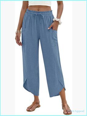 Linen Palazzo Pants Wide Leg Elastic Waist Boho Harem Capri Lounge with Pockets